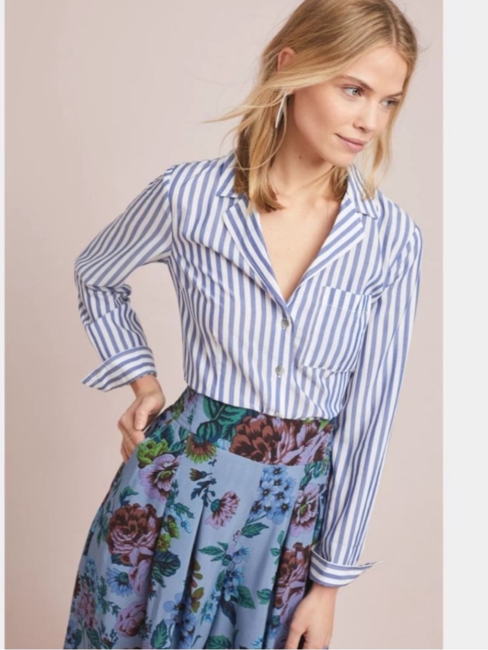Anthropologie Pilcro Striped Button down Shirt with Back Laces blue Lyocell 8